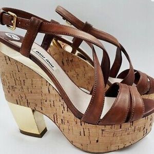 Mini Miu cork platform with gold heel